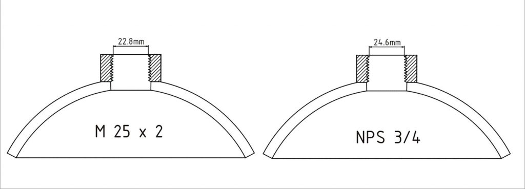 Navoji ¾”NPS i M25 x 2 vrlo su slični navoji sa sličnim korakom i istim kutom profila navoja 600, a razlika je u promjeru navoja od 1.8 milimetara